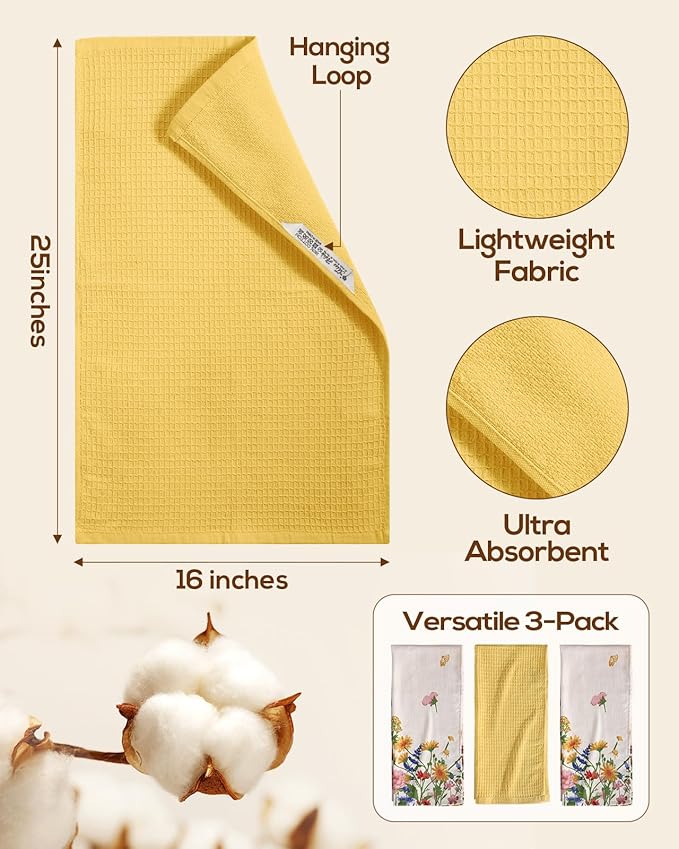 Miss Adola 3pcs Cotton Kitchen Towels - 270 GSM 15x25 Inch Terry Cloths Reusable Dish Cloths for Cleaning Absorbent Soft Hand Tea Towels with Hanging Loop for Housewarming Home Decor, Retro Flower