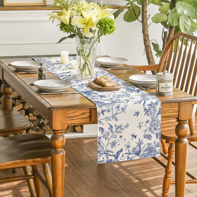 Artoid Mode Monochrome Sketch Birds and Flowers Spring Table Runner, Seasonal Summer Fall Kitchen Dining Table Decoration for Home Party Decor 13x72 Inch