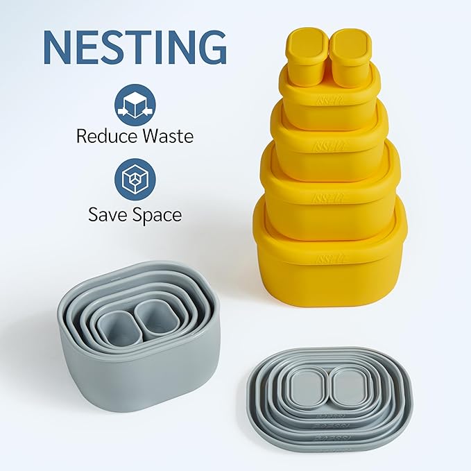 ISSEVE 12Pcs/Set Nesting Silicone Food Storage Containers with Lids, BPA Free Reusable Meal Prep Silicone Containers Airtight, Freezer Dishwasher Safe (33.8oz, 20oz, 10oz, 6.7oz, 1.3oz) (Grey)