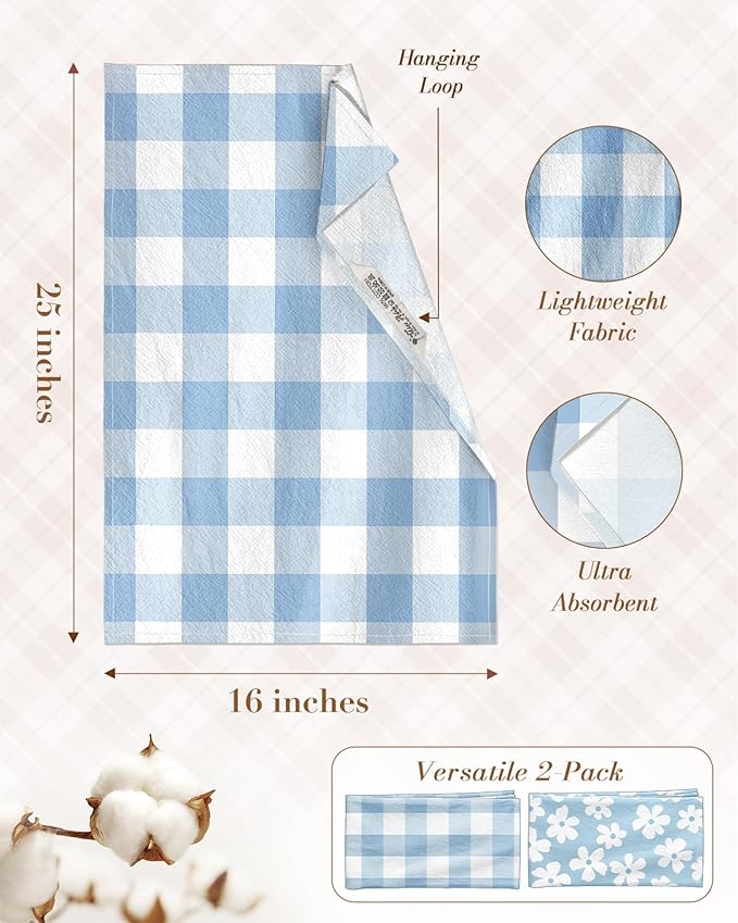 Miss Adola 2pcs Flour Sack Kitchen Towels - 18"x 26" Cotton Kitchen Hand Towels with Hanging Loop Reusable Geometric Blue Velvet Farmhouse Plaid Tea Towel Absorbent Dishcloths Home Decor, Blue Daisy