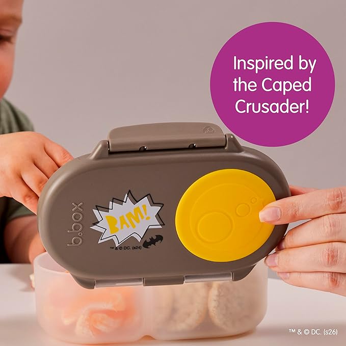 b.box Batman Snack Box - Leakproof 2 Compartment Snack Containers for Kids, Mini Bento Box for Kids & Toddlers, Lunch Containers, Dishwasher Safe, BPA Free, PFAS Free, Ages 4m+, 1.75 Cup Capacity