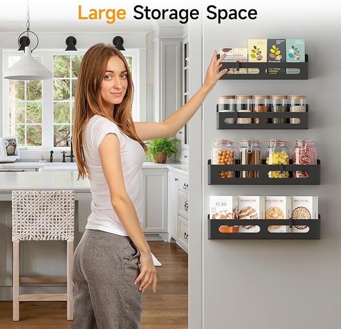 Sevenblue 6 Pack Strong Magnetic Spice Rack for Refrigerator, Multipurpose Magnetic Shelf for Fridge with 4 Hooks for kitchen and Bathroom Organization, Black