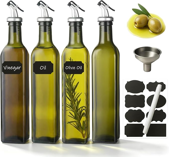 WERTIOO 4Pack Green Olive Oil Dispenser Bottle, 17 OZ Glass Oil Dispenser for Kitchen, 500ml Glass Bottles for Vinegar Oliveoil with Label and Funnel