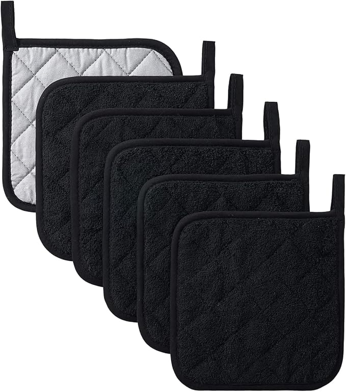 Kitchen Pot Holders Set Heat Resistant Pure Cotton Potholders Kit Trivets Large Coasters Hot Pads Terry Pot Holders for Everyday Cooking and Baking by 7 x 7 Inch Set of 6 Black