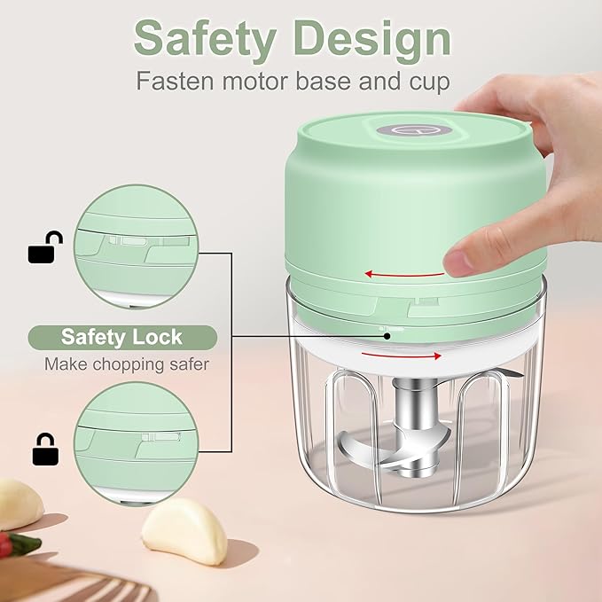 250ml (1 Cup) Electric Garlic Chopper, Portable Garlic Press, Wireless Mini Food Processor, Rechargeable Garlic Chopper Mincer for Ginger, Chili, Onion, Minced Meat and Spices (Green)