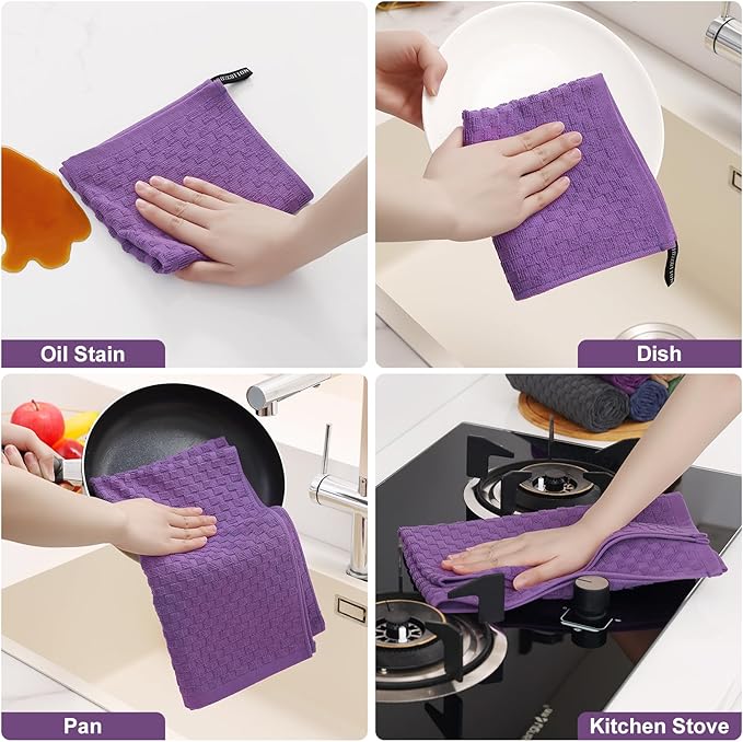 Homaxy 100% Cotton Kitchen Towels and Dishcloths Set, 12 x 12 & 15 x 25 Inches, Set of 12 Bulk Terry Cloth Dish Towels, Super Soft and Absorbent Hand Towel with Hanging Loop, Purple