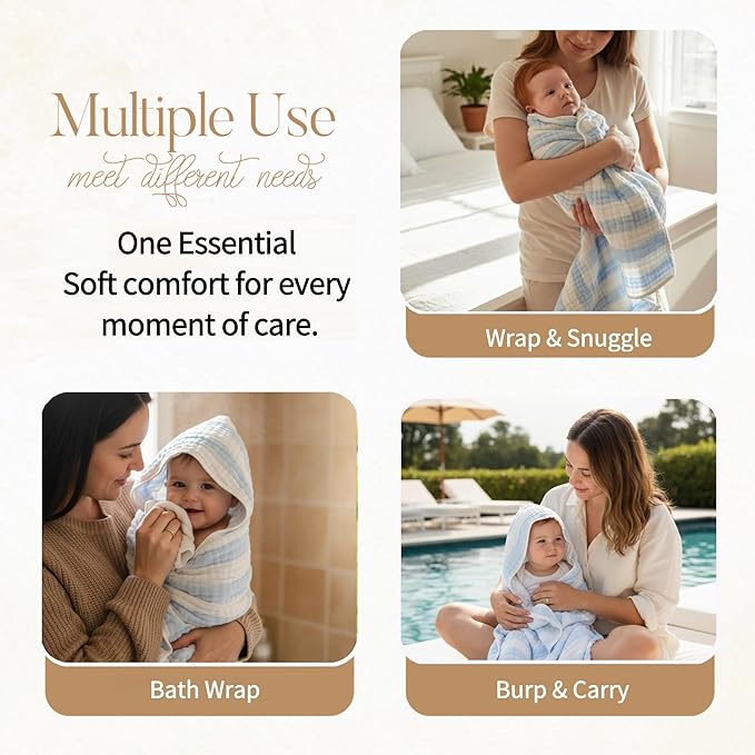 Muslin Hooded Baby Towel 4 Pack, 100% Organic Premium Cotton, (2) 6-Layer 32x32 Bath Towels & (2) Washcloths, Soft Newborn & Infant Gift Set (Blue Stripe & White)