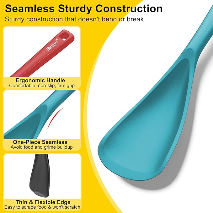 Beijiyi 3 Pack Silicone Spatula Spoon, 12.6 In, Multifunction Kitchen Cooking Spoons, Great for Nonstick Cookware Cooking and Serving, BPA-Free Seamless Design, Multicolor (Black/Blue/Red)