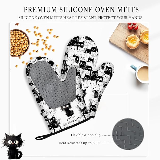 Black Cat Oven Mitts and Pot Holders Sets 3PCS, Cat Silicone Heat Resistant Oven Mitts Birthday Gifts for Cats Lover, Cute Cats Pot Holder Non-Slip Silicone Oven Gloves for Mom Wife Sister BFF