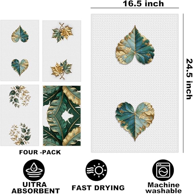 4 Pcs Tropical Palm Leaves Kitchen Towels, Beach Tea Hand Towel, Monstera Leaves Dish Cloths for Drying Dishes, Waffle Dish Towels for Kitchen Bathroom Home Decor, Housewarming Gifts for Women Mom