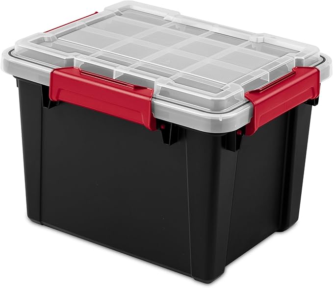 Sterilite 12 Pack 5 Gallon Gasket Box, Stackable Plastic Storage Container with Lids, Black - Waterproof and Dustproof Tote for Home Organization