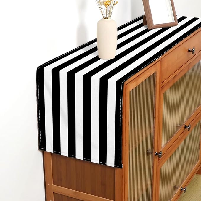 Black and White Cabana Striped Table Runner Birthday Party Decoration Baby Shower Dining Room Home Kitchen Table Decor (Black, 13" x 72")
