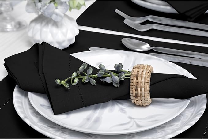 Solino Home Black Linen Napkins Set of 6-100% Pure Linen Hemstitch Dinner Napkins 20 x 20 Inch for Spring, Summer, Mothers Day - Classic Hemstitch