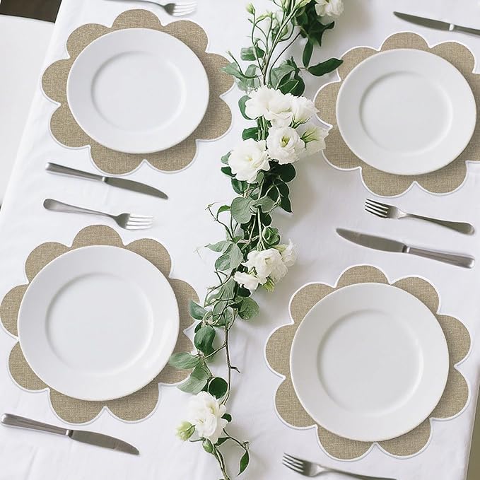 SK Studio Set of 4 Cotton Linen Placemats, 15x15 Round Scalloped Cloth Table Mats, Embroidery Double Layered Washable Dining Placemat for Hotel Restaurant Kitchen, Khaki