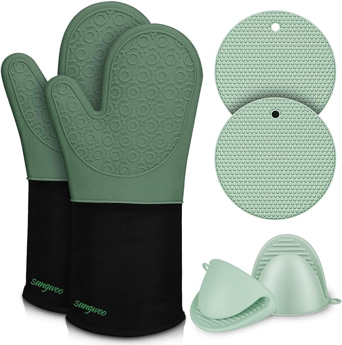 sungwoo 6pcs Silicone Oven Mitts and Pot Holders Sets, 14.6 Inch Heat Resistant Oven Gloves with Quilted Liner Non-Slip Textured Grip Perfect for BBQ, Baking, Cooking and Grilling Green