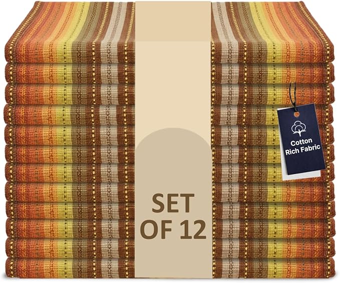 LFH Home Cotton Rich Cloth Salsa Napkin Set of 12 Washable Soft Durable Striped Table Napkins for Dining Wedding Daily Use Reusable Eco-Friendly Fabric Napkins (18x18)-Orange Multi Thanks Giving