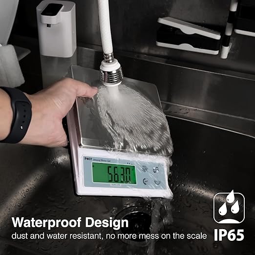 Polit Sun Lite IP65 Waterproof Baking Scale — 6.6lb/3kg Auto-Precision 0.1g/0.5g/1g Digital Kitchen Scale with Green LCD, Dual Power & Detachable Stainless Tray for Pastry, Seasoning & Daily Cooking
