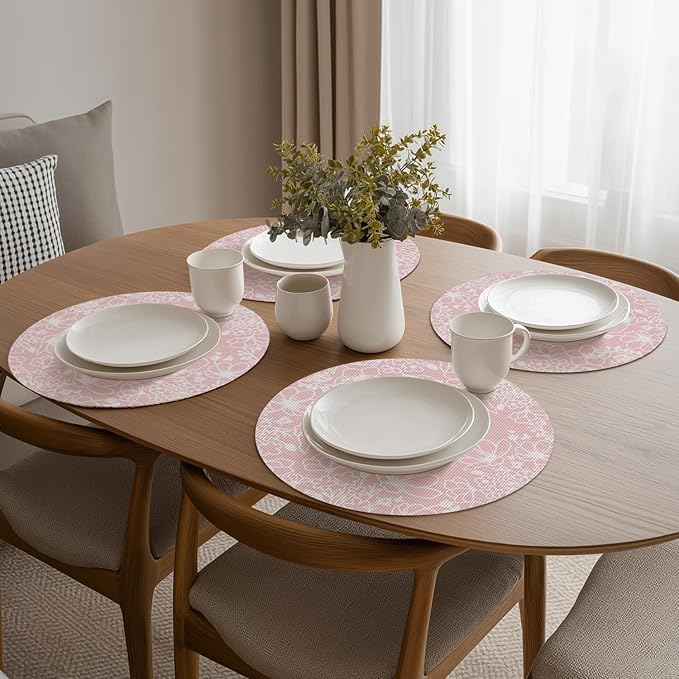 Artoid Mode Pink Leaves Vinyl Round Placemats Set of 4, 14 Inch Washable Non-Slip Heat Resistant Woven Plastic Spring Table Mats for Party Kitchen Dining Decor