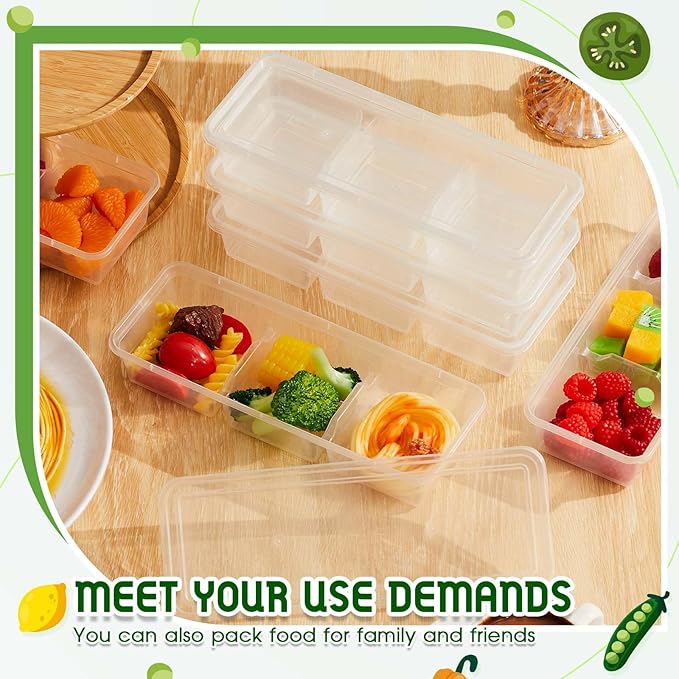 Hushee 100 Pack 17 oz Small Meal Prep Containers with 3 Compartments Snack Containers with Lid Disposable Plastic Bento Box Travel Lunch Food Boxes Stackable for Office Picnic (Clear)