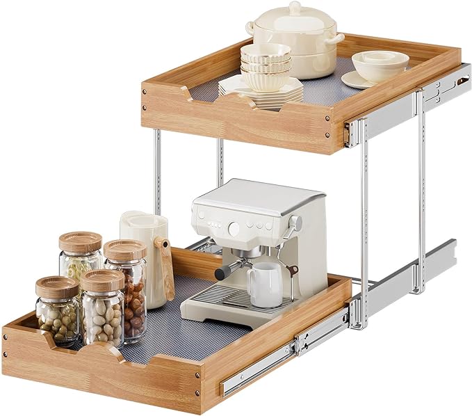 OCG 2 Tier Pull Out Cabinet Organizer (20"W x 21"D), Heavy-Duty Slide out Wood Drawer Shelf, Pull Out Drawer for Cabinets, Base Cabinet Organization for Kitchen, Pantry, Bathroom