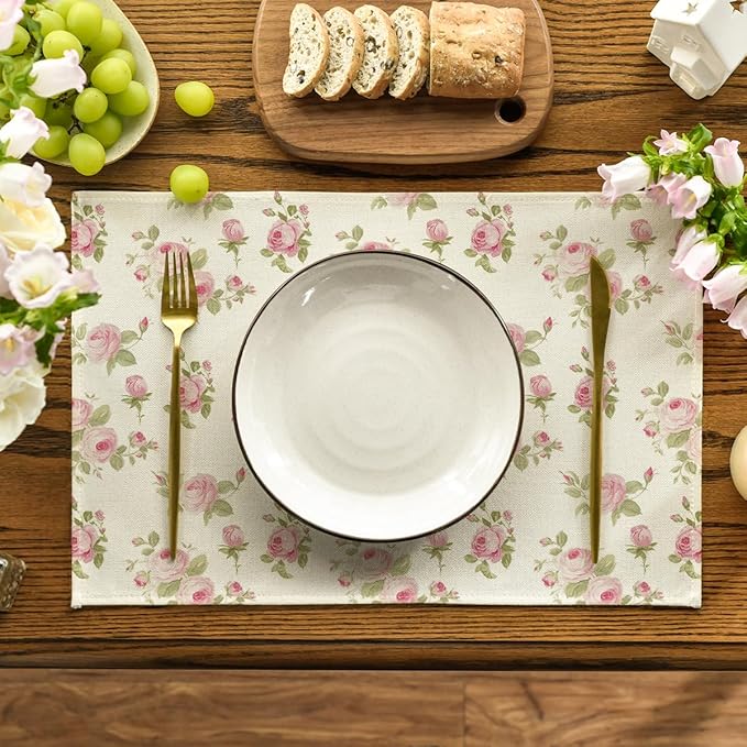 Artoid Mode Floral Rose Spring Placemats Set of 4, 12x18 Inch Seasonal Summer Holiday Pastoral Table Mats for Party Kitchen Dining Decoration