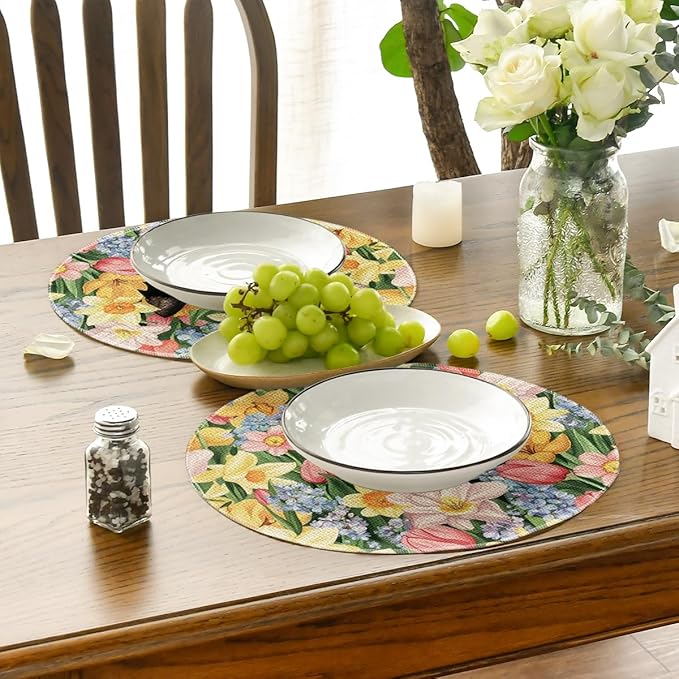 Artoid Mode Tulip Flowers Cat Round Spring Placemats Set of 4, 14 Inch Summer Round Table Mats for Dining Decoration
