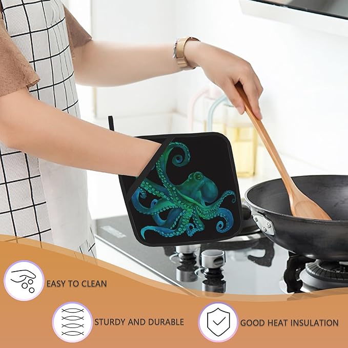Green Octopus Pot Holders Set of 2 Heat Resistant Potholders,Fire Oven Hot Pads for Kitchen Cooking Baking Barbecue
