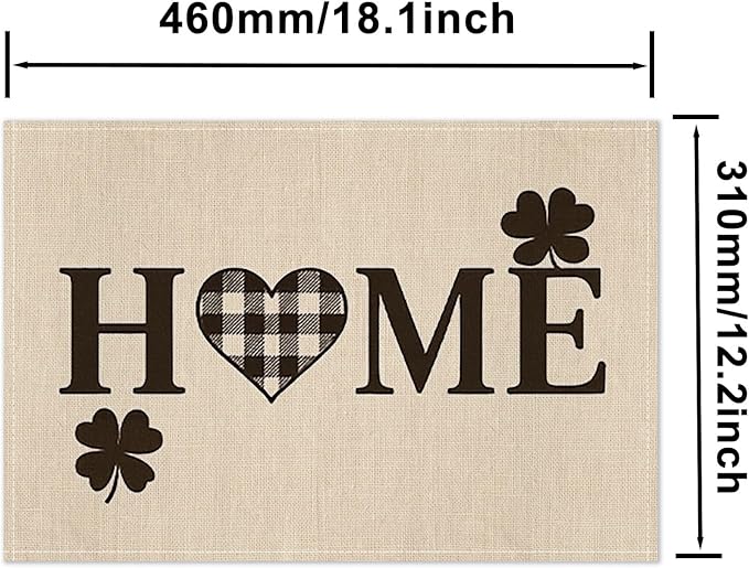 HOMETITUTE Home Placemats Set of 4 Linen 12x18 Inch Washable Table Mats with Buffalo Plaid Heart and Clover Design Decorative Table Placemats Set of 4 for Farmhouse Kitchen Dining Everyday Decor