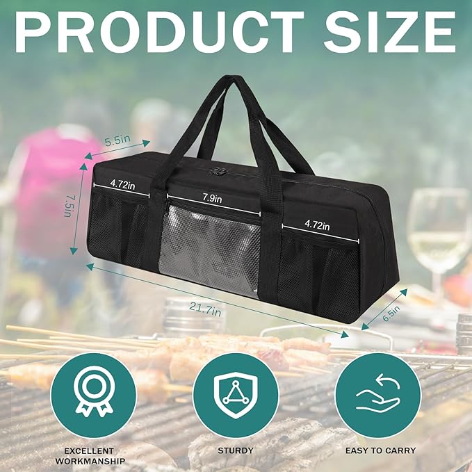 Grill Tool Storage Bag, Large Grill Utensil Storage Caddy with Pockets, BBQ Tools Storage Bag for Outdoor Camping (Black)