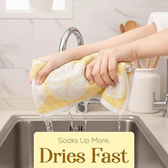 MosJos Kitchen Towels Set of 4 Premium Hand Towels 18 x 28 Inch Large Tea Towels for Drying & Decor - Soft, Absorbent Cotton Yellow Ribbed and Lemon Citrus Weave Cute Hand Towels - Housewarming Gift