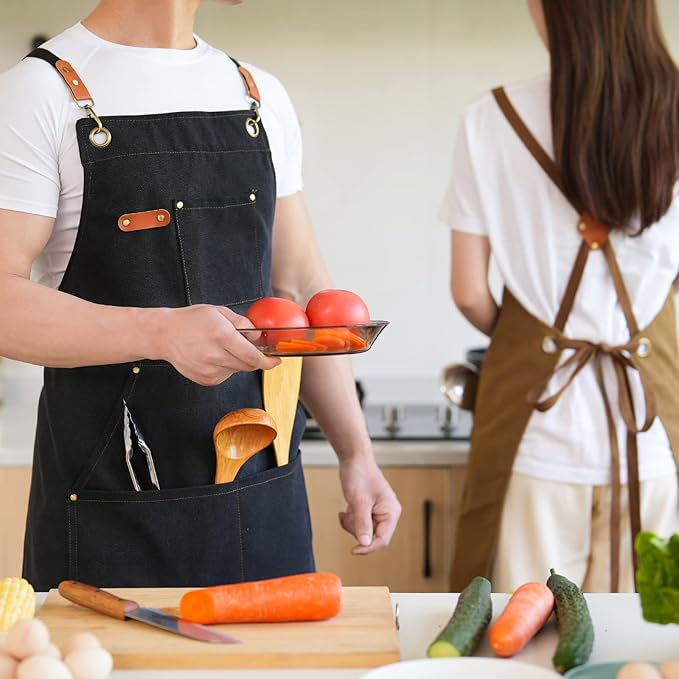 Aoomzoon Canvas Aprons for Men Chef Apron, Work Apron with Large Pockets - 16oz Heavy Duty Cross Back, BBQ, Cooking