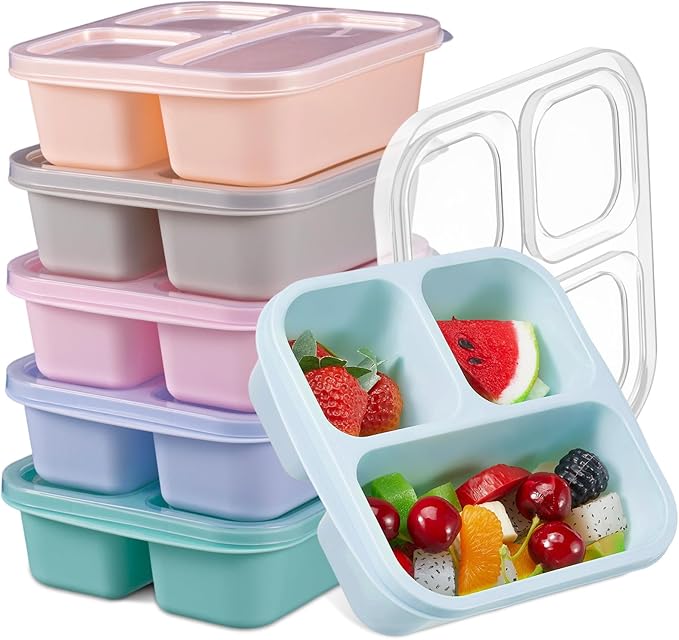 Honeydak 5 Pack Snack Containers 3 Compartment Bento Snack Boxes Divided Meal Prep Containers with Lids Reusable Adults Lunch Food Storage Box for School Work Travel(Macaroon)