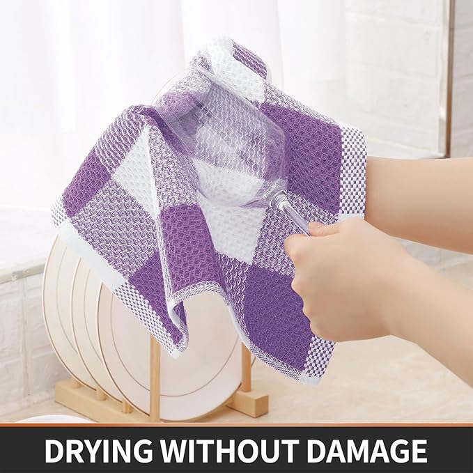 Homaxy 100% Cotton Waffle Weave Check Plaid Dish Cloths, 12 x 12 Inches, Super Soft and Absorbent Dish Towels Quick Drying Dish Rags, 6-Pack, White & Purple