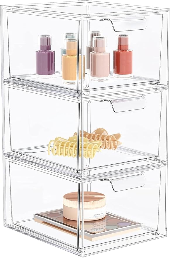 SpaceHacks 3 Pack Stackable Makeup Organizer and Storage, Acrylic Organizers，Clear Plastic Storage Drawer with Handles for Vanity, Undersink, Kitchen Cabinets, Pantry