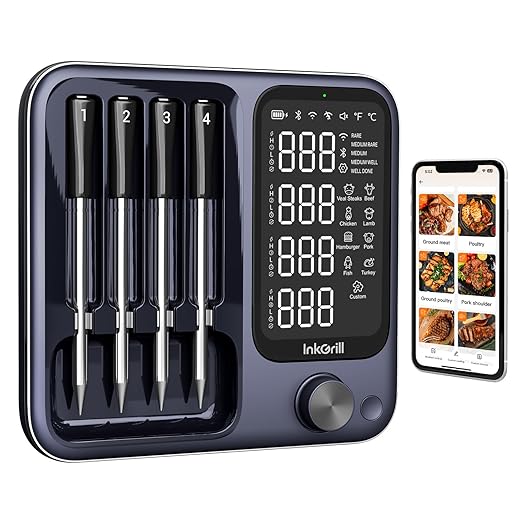Wireless Meat Thermometer with APP Control，4 Probes Meat Thermometer Digital, Unlimited Range WiFi & Bluetooth Meat Thermometerfor for Rotisserie，Grill，Oven，Smoker，BBQ, Air Fryer