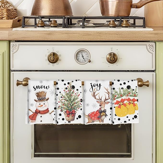 4 Pcs Christmas Kitchen Towels, Merry Christmas Tree Reindeer Tea Hand Towel, Microfiber Dish Cloths for Drying Dishes, Waffle Dish Towels for Kitchen Home Decor, for Women Mom