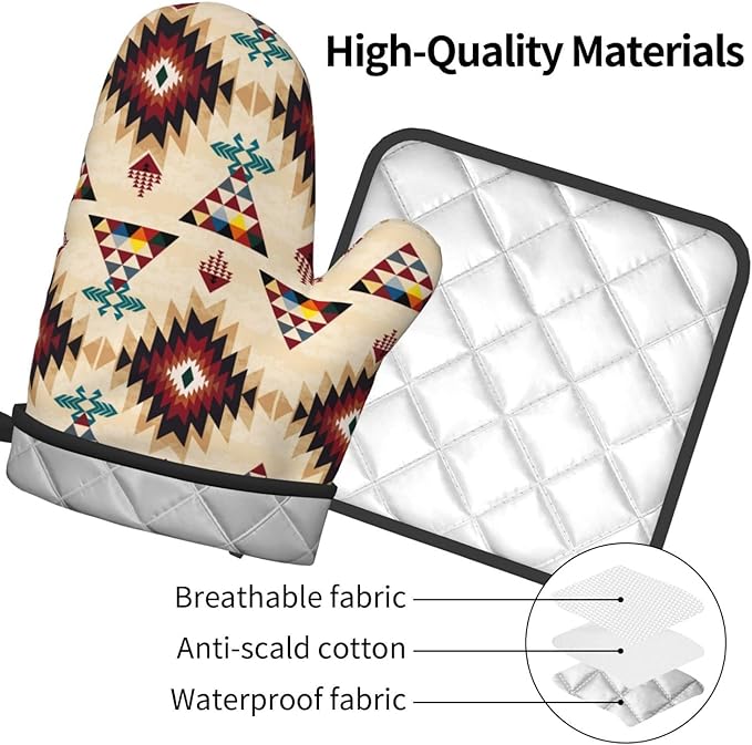 Southwestern Aztec Oven Mitts and Pot Holders Set of 3, Heat Resistant Non-Slip Navajo Pattern Oven Gloves with Hot Pad, Native American Boho Kitchen Decor Gloves for Chef Cooking Baking Grilling BBQ