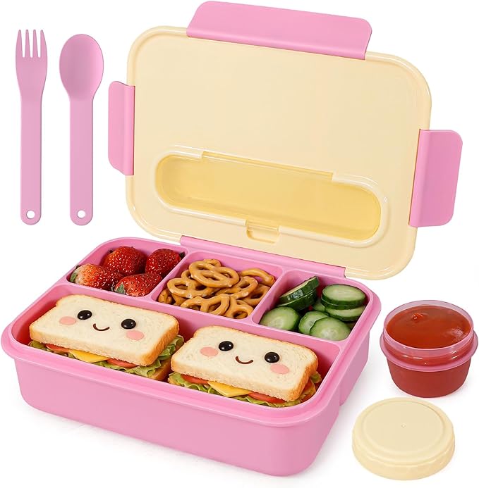 Caperci 50oz Larger Bento Box for Kids - Reinforced Leakproof Lunch Box Containers for Kids, Built-in Sauce Cup, Utensils, 4 Compartments, BPA-Free Microwave & Dishwasher Safe (Yellow/Pink)