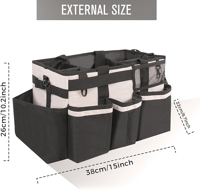 SCAVATA Wearable Cleaning Caddy, Cleaning Caddy Supplies Organizer with Handle & Shoulder Straps for Housekeepers, Under Sink & Car Cleaning Tool Organizers Bag with 4 Foldable Divider (Beige)