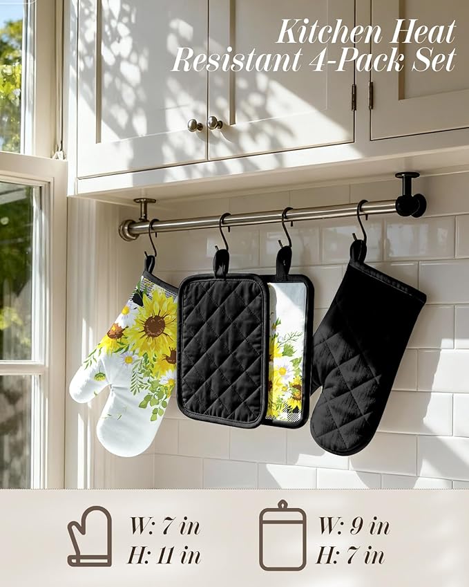 Miss Adola Cotton Oven Mitts and Pot Holders Sets - Quilted Lining Heat Resistant 4 Pieces Set with Hanging Loop Cute Farmhouse Boho Spring Kitchen Decor and Accessories, Plaid Sunflower