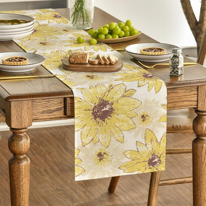 Artoid Mode Yellow Retro Daisy Spring Table Runner, Seasonal Vintage Kitchen Dining Table Decoration for Home Party Decor 13x72 Inch