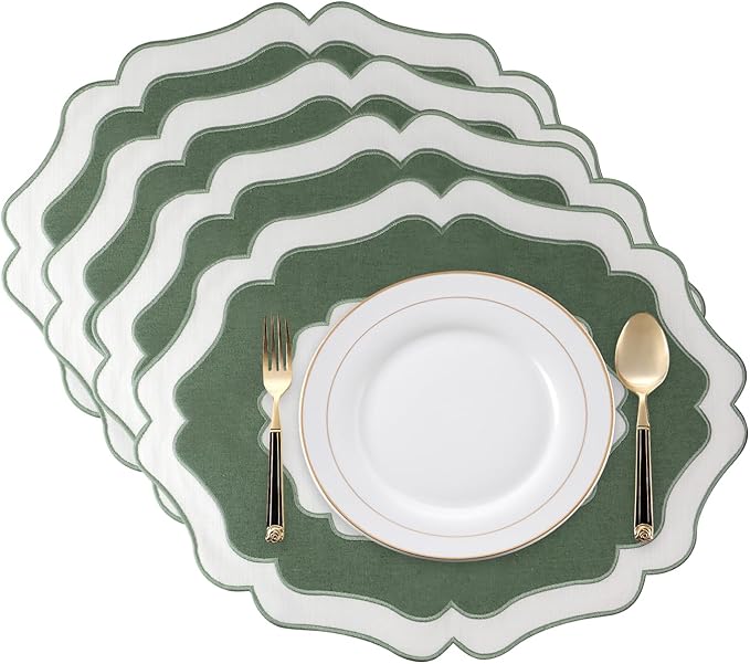 Embroidery Cotton Linen Placemats Set of 4, HADEEONG Table Mats Cloth Placemats, Washable Wrinkle Resistance, Double Layer Scalloped Fabric Placemats, 17.7 x 13.4inch (White with Green, 4)