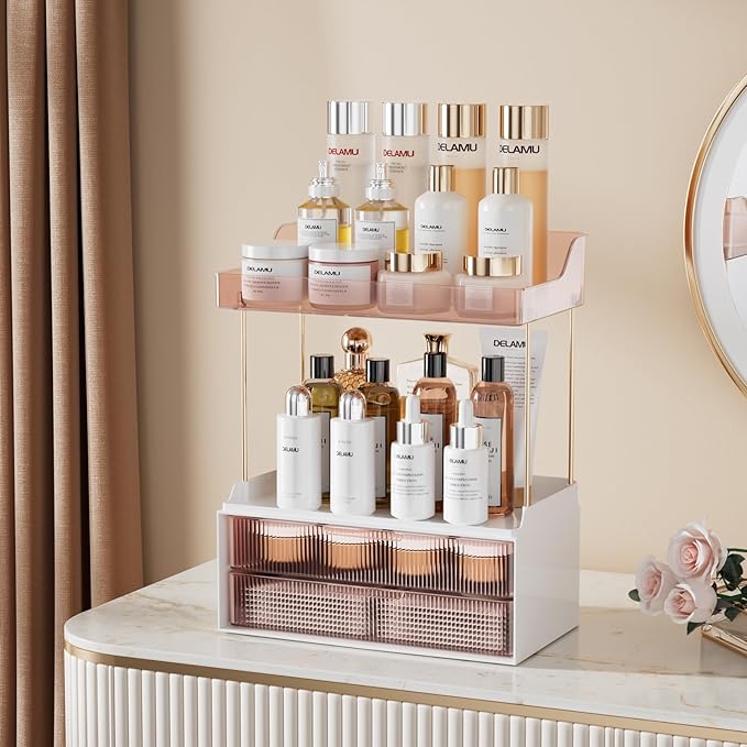 Delamu Bathroom Organizers and Storage, 2 Tier 2 Drawer Makeup Organizer Countertop, Easy to Install, Ideal for Bathroom Counter, Vanity, Ideal for Women Girls, Grapefruit