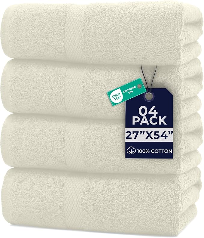 DAN RIVER Bath Towels Set of 4, 27 x 54 Inches, 100% Cotton, Larger & Lighter Weight, Quicker to Dry, Super Soft and Absorbent, Ideal Quick Dry Bath Towels for Daily Use, Ivory