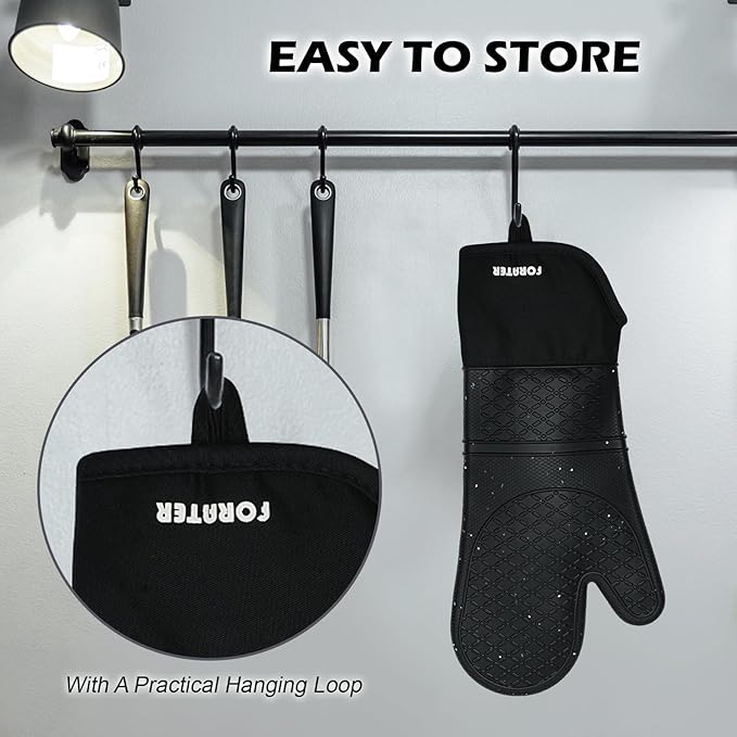 Extra Long Silicone Oven Mitts - Heat Resistant up to 500°F, 15'' Waterproof and Non-Slip Oven Gloves with Soft Quilted Liner - Perfect for BBQ, Cooking, Baking, and Grilling - 1 Pair, Black