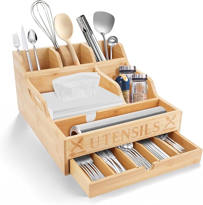 Large Kitchen Utensil Holder with Drawer Organizer, 11 Compartment Bamboo Silverware Organizer for Countertop, Cutlery Tray with Dividers for Flatware Spoon Forks Knives Cooking Tool