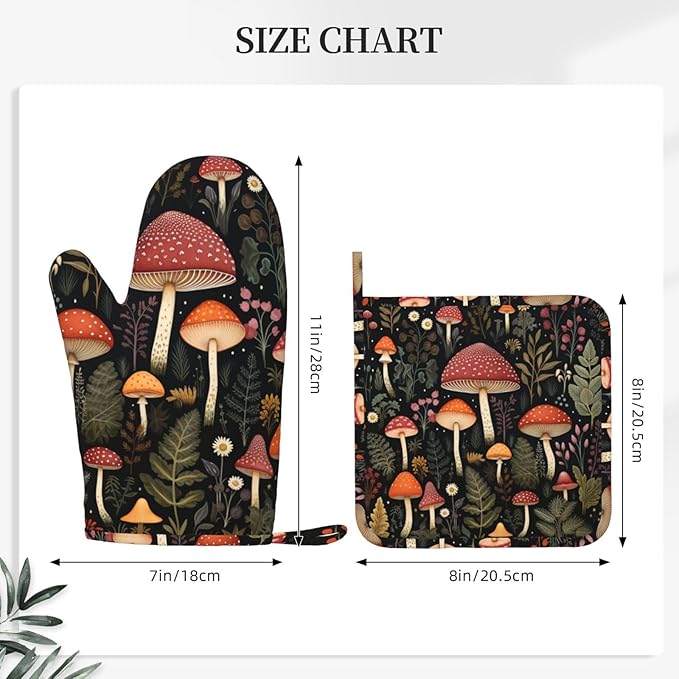 Oven Mitts and Pot Holders Mushroom Botanical Leaf Vintage Silicone Kitchen Accessories Set of 2 Heat Resistant Long Gloves Potholder Non-Slip Grip for Chef Cooking Baking Grilling BBQ