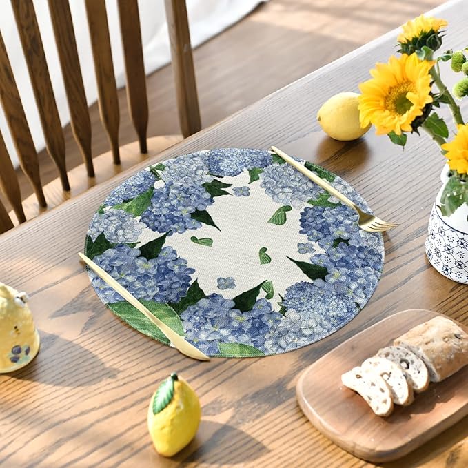 Artoid Mode Watercolor Hydrangea Summer Round Placemats Set of 4, 14 Inch Summer Round Table Mats for Dining Decoration