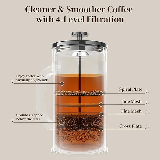 Veken French Press Coffee Maker 34oz, No Plastic Touching Cafe,Thickened Glass Stainless Steel Brewer, Cold Brew Cafetera Tea pot for Kitchen Travel Camping, Gifts, Decor, Bar Accessories, Dark Pewter