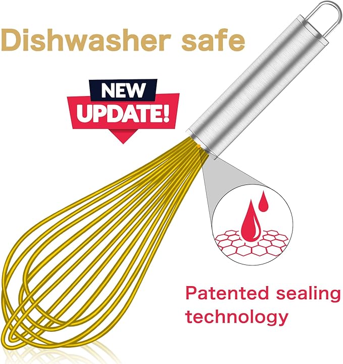 OYV Yellow Silicone Whisk, Professional Whisks For Cooking Non-Scratch, Stainless Steel & Silicone Wisk, Plastic Rubber Whisk Tool For Nonstick Cookware Pans, Silicon Wisks Set of 3.